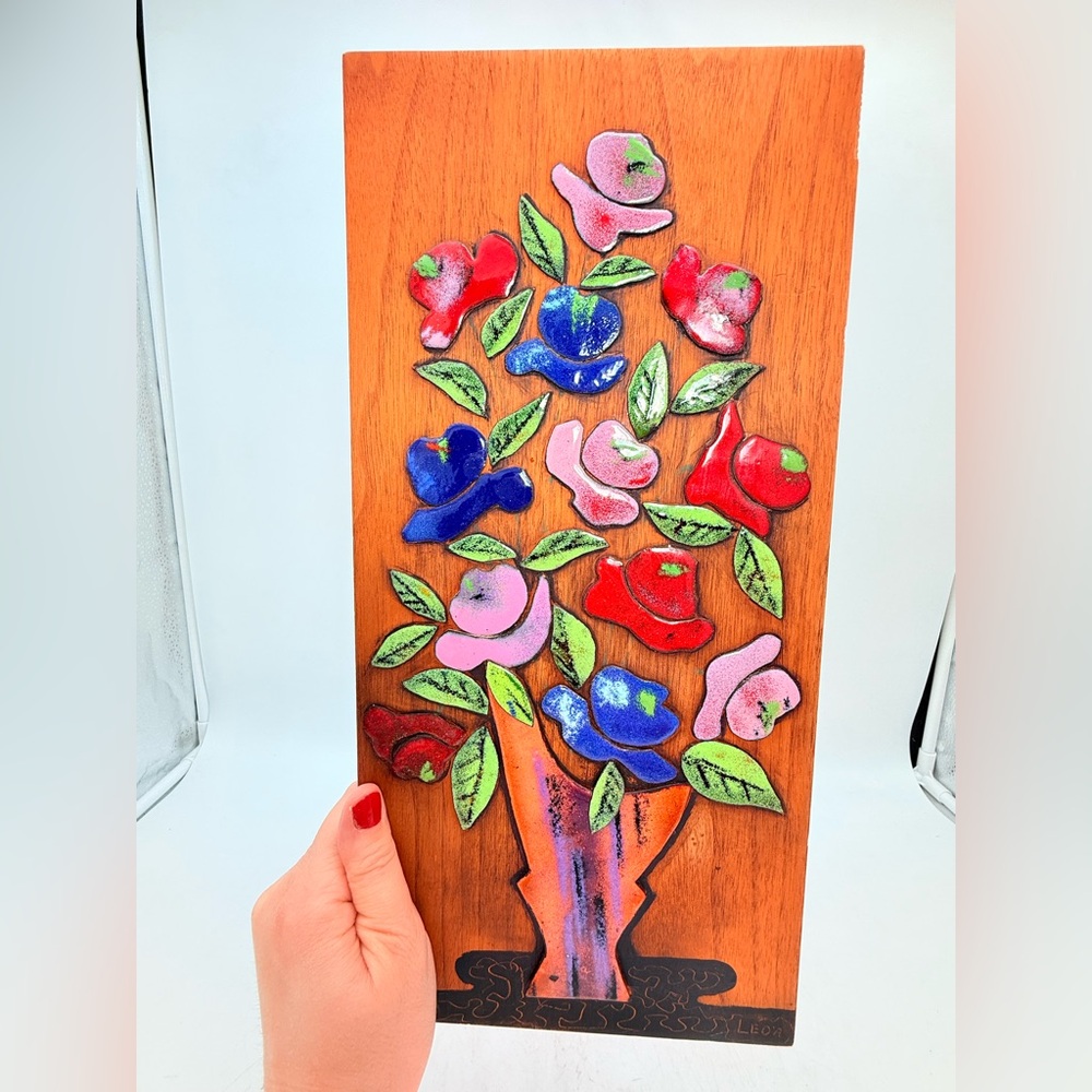 Vintage Enamel on Wood Wall Plaque | Floral Vase Art | Signed Leda